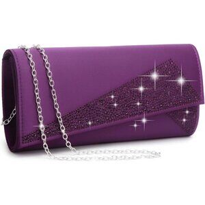 Women's Purple Satin Rhinestone Evening Clutch Bag Sparkle Glitter Purse